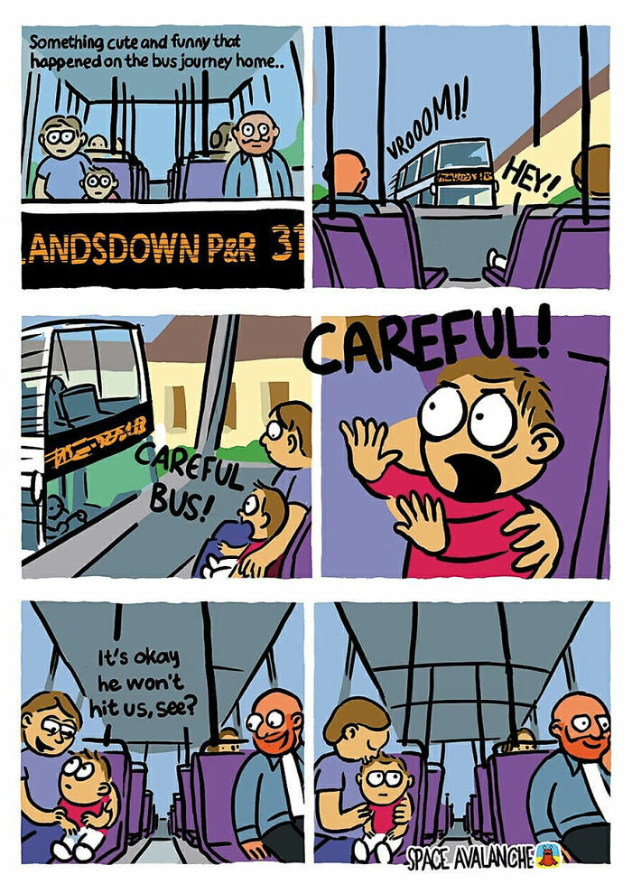 Comic strip from Space Avalanche showing a bus journey with darkly funny moments and peculiar humor in a cartoon style.