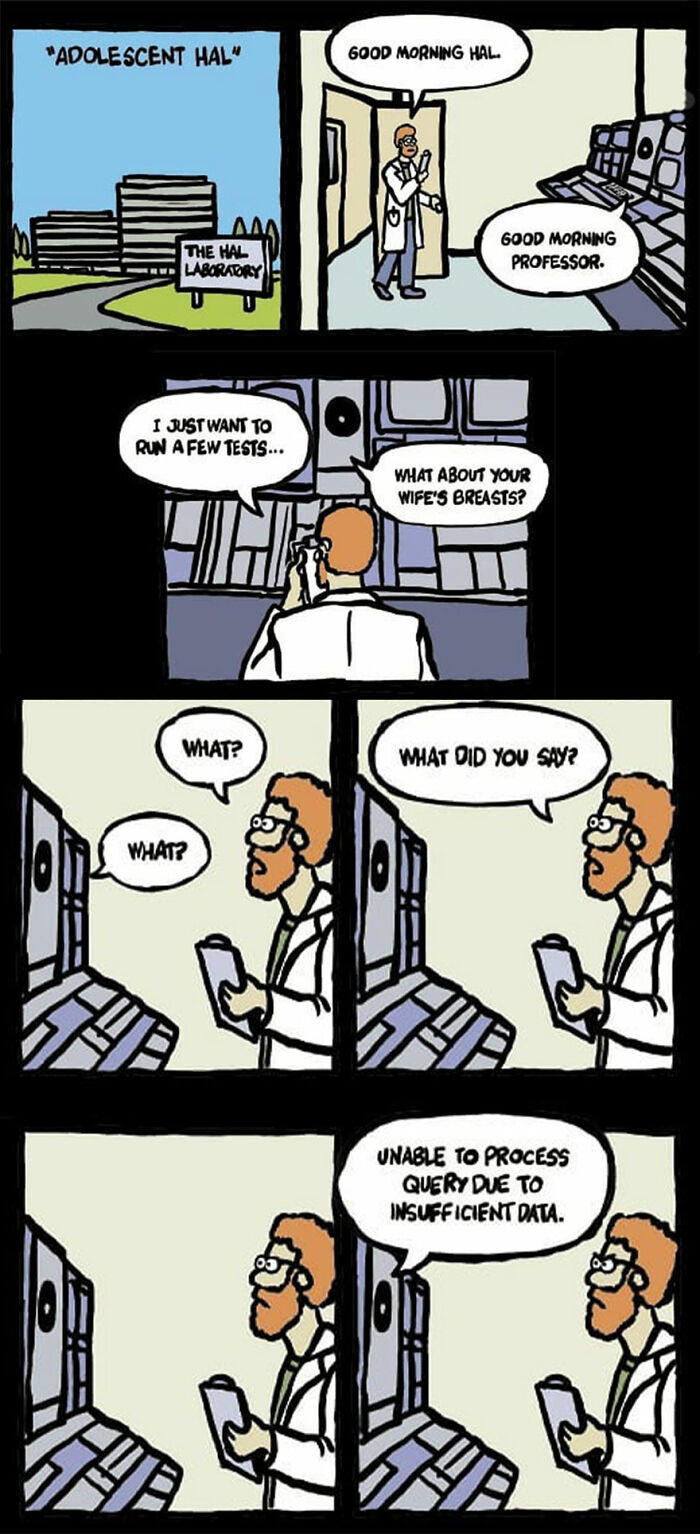 Darkly funny comic from Space Avalanche showing a scientist interacting with a peculiar AI in a laboratory setting.