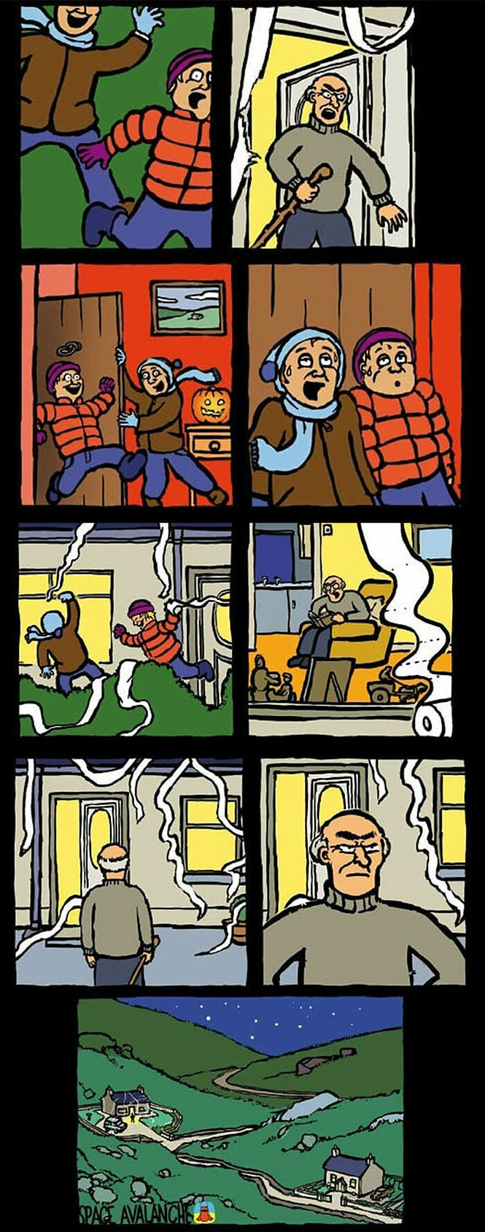 Comic strip from Space Avalanche showing pranksters wrapping a house in toilet paper and an angry man confronting them.