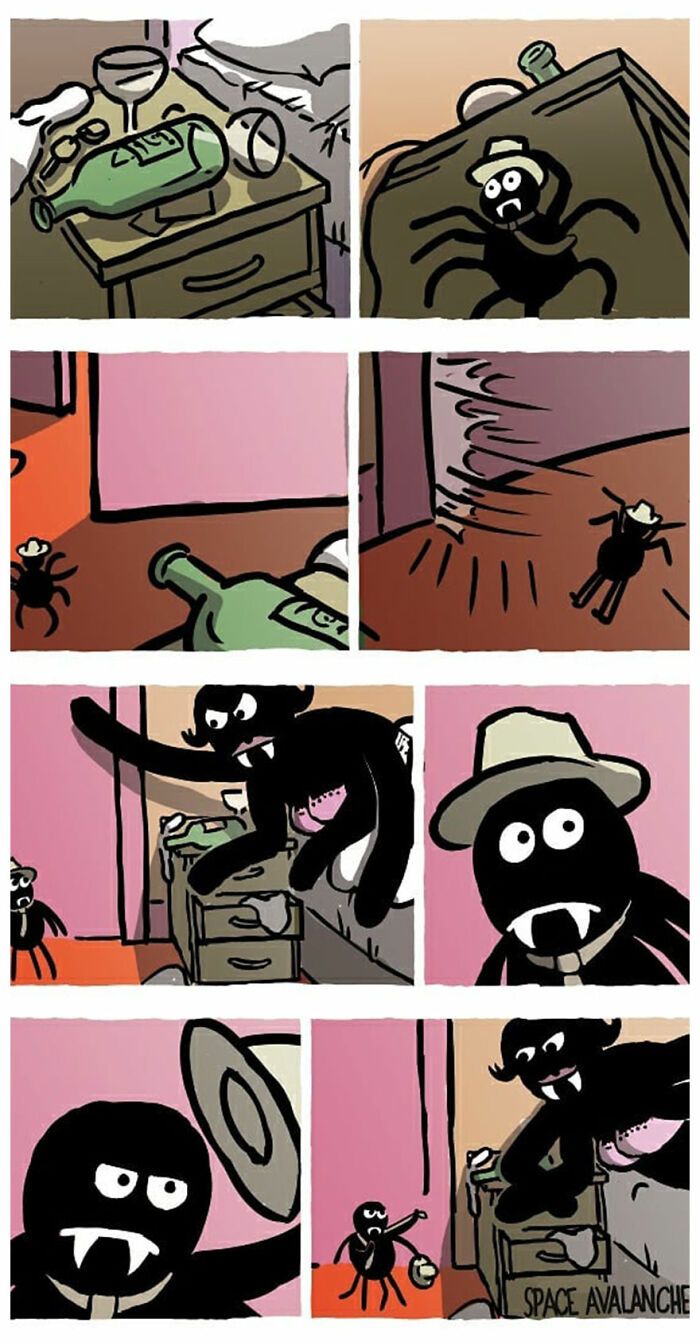 Darkly funny comics from Space Avalanche featuring a spider with a hat and vampire teeth in quirky scenes.
