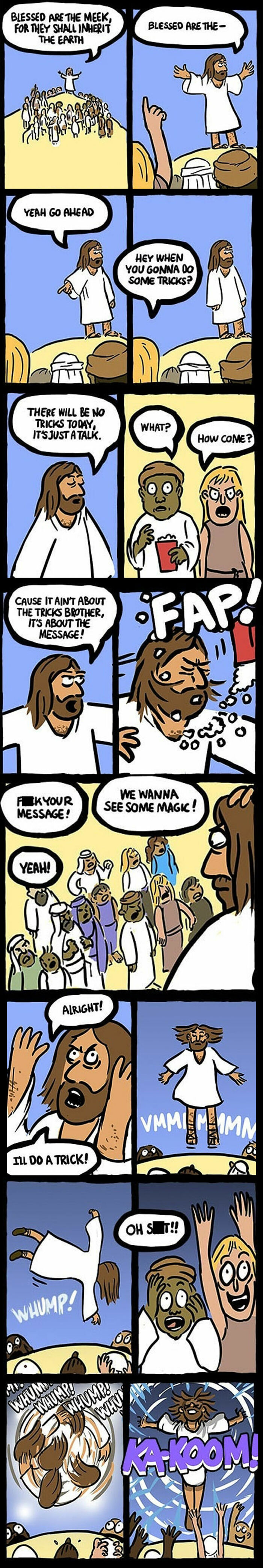 Comic strip from Space Avalanche showing a funny dark humor scene with a preacher, audience, and a failed magic trick.