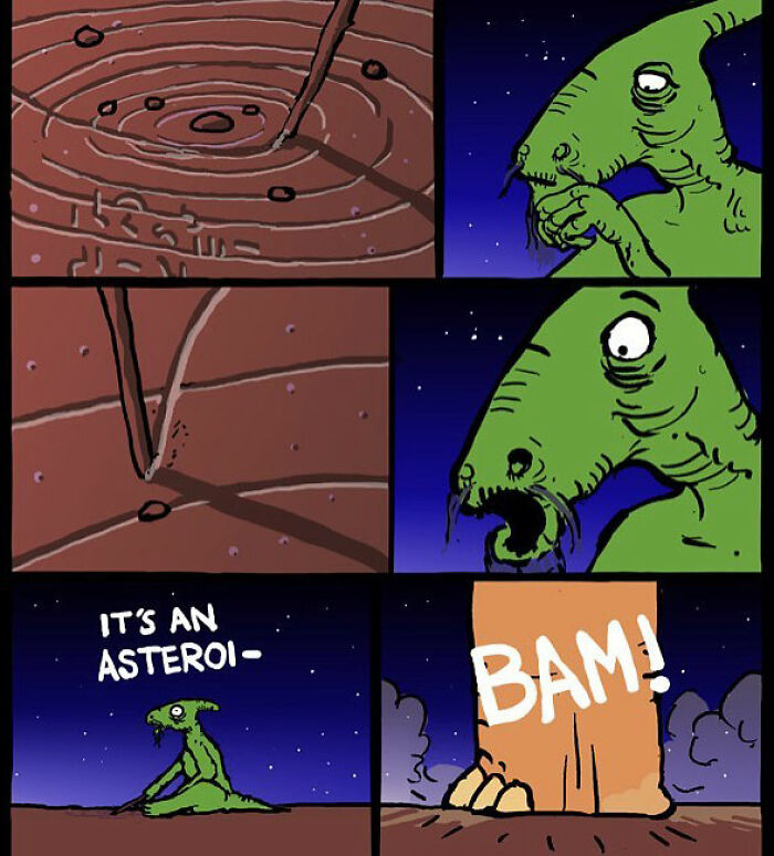 Darkly funny Space Avalanche comic panels showing a green alien reacting to an asteroid impact in space.