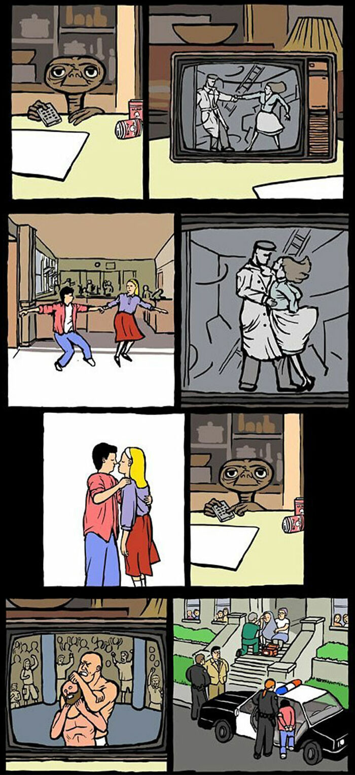 Comic panels featuring darkly funny scenes from Space Avalanche, blending humor with peculiar and unexpected moments.