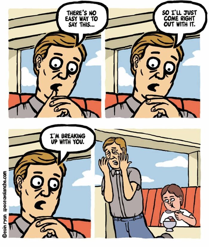 Man nervously breaking up with his partner in a darkly funny comic from Space Avalanche series.