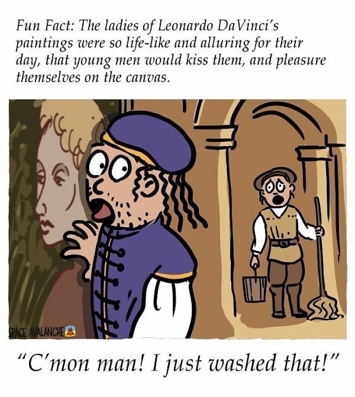 Cartoon from Space Avalanche comic showing a shocked painter and cleaner reacting to a Leonardo Da Vinci painting mishap.