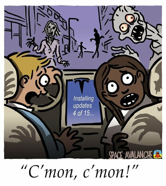 Two frightened people in a car amid zombies outside, a darkly funny comic from Space Avalanche about delays.