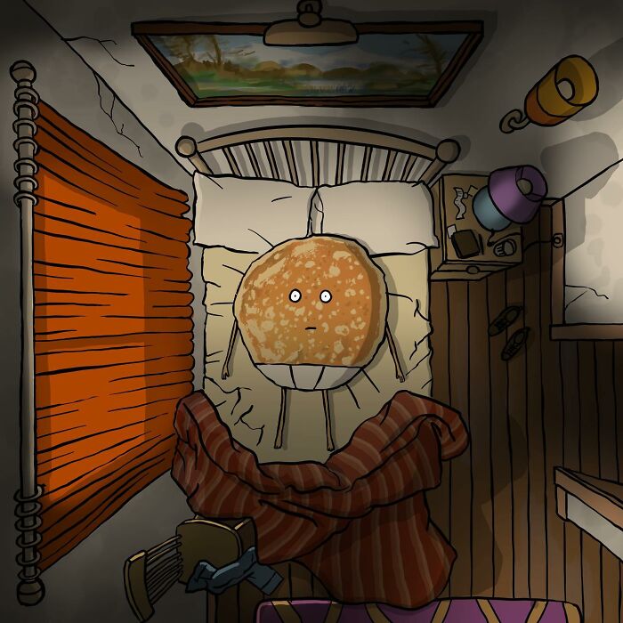 Darkly funny comic showing a nervous pancake character lying in bed in a dimly lit room with orange curtains.