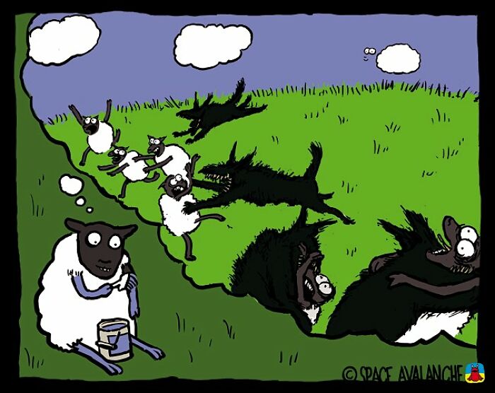 Darkly funny comic from Space Avalanche showing a sheep painting shadows of wolves chasing other sheep on grass.