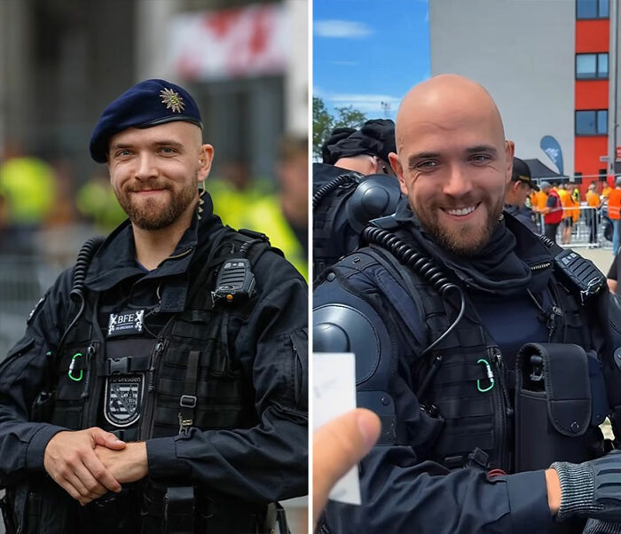 Smiling man in tactical gear reacting to his portrait captured by a photographer recording honest reactions.
