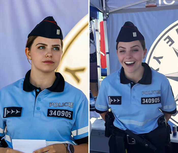 Police officer in uniform showing honest reactions while looking at her own portrait captured by photographer.
