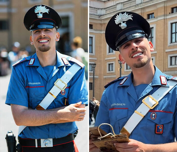 Smiling man in uniform reacting honestly to his own portrait captured by photographer outdoors in a city setting