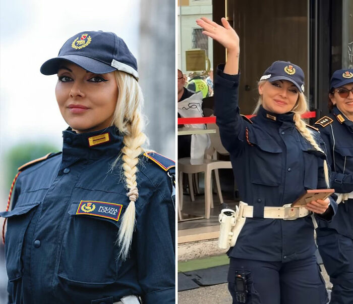 Woman in police uniform posing for portrait and smiling while waving, captured with honest reactions by photographer.