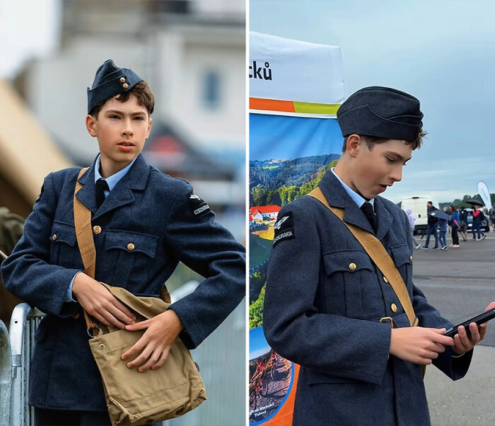 Young man in vintage military uniform reacting while viewing his portrait captured by a photographer recording honest reactions.