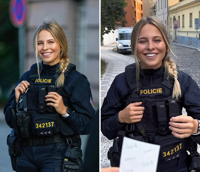 Smiling policewoman wearing uniform and tactical vest captured in honest portrait reactions by photographer outdoors.