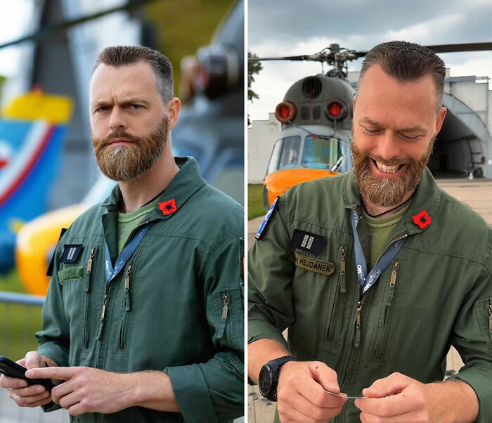 Man in military uniform showing honest reactions while looking at his own portrait captured by photographer outdoors.