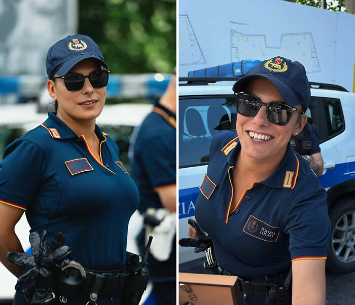 Police officer smiling and reacting honestly to her portrait captured by a photographer recording genuine emotions