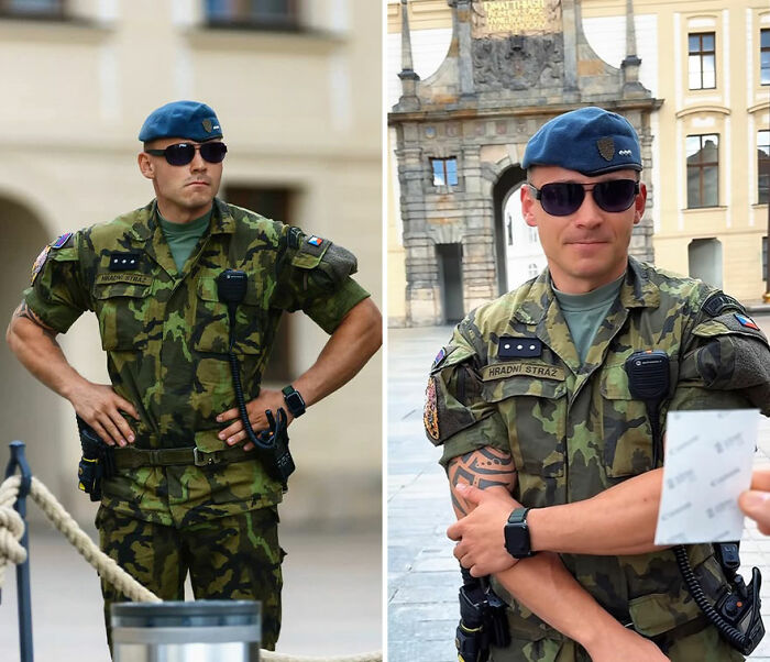 Soldier in camouflage uniform and blue beret reacting to his own portrait captured by photographer outdoors