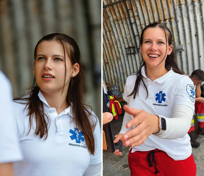 Two portraits showing honest reactions of a woman looking at her own portrait captured by a photographer.