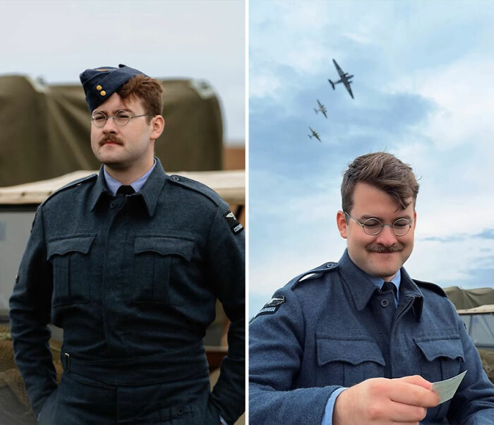 Man in vintage military uniform reacting to his own portrait captured by a photographer focusing on honest reactions.