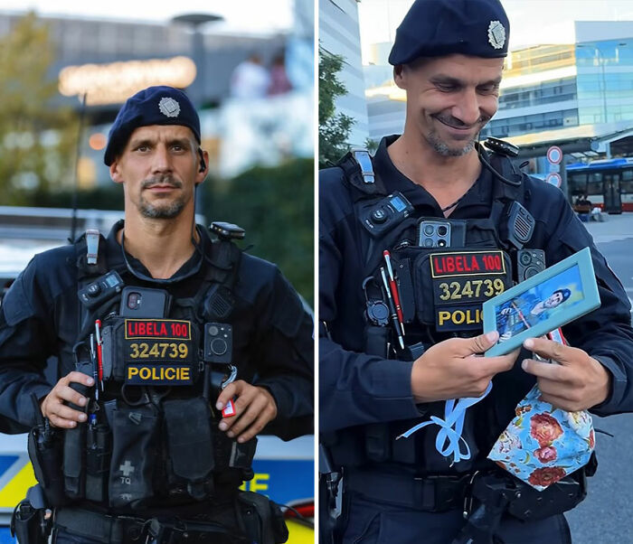 Police officer in uniform holding and smiling at his own portrait, capturing honest reactions of people viewing photos.