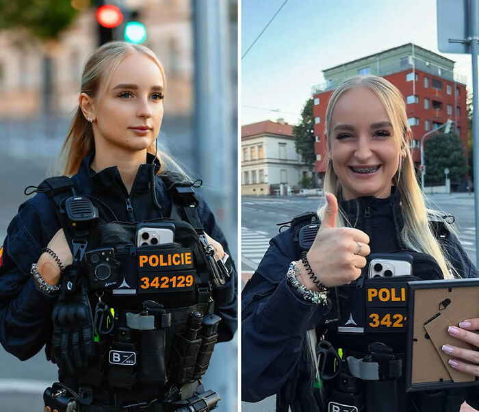 Police officer showing honest reactions while looking at her own portrait captured by the photographer outdoors.