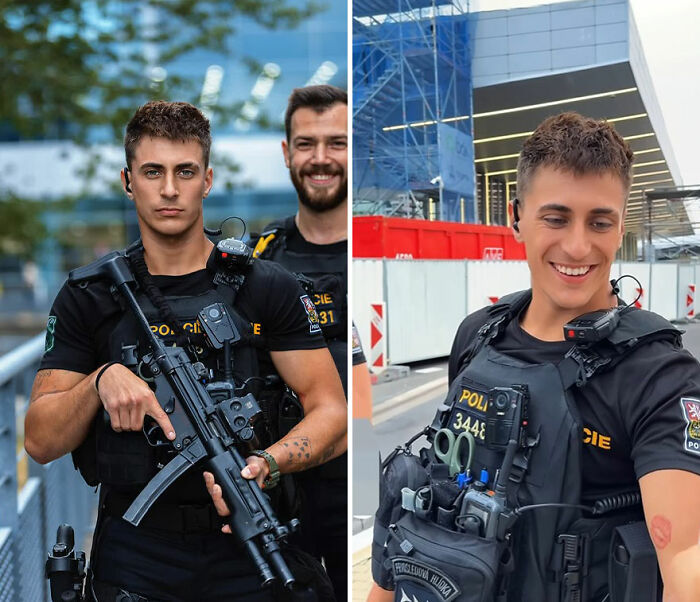 Police officers captured with serious and smiling expressions in honest portrait reactions by photographer.