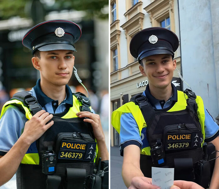 Young police officer reacting to his own portrait captured by photographer recording honest reactions of people.
