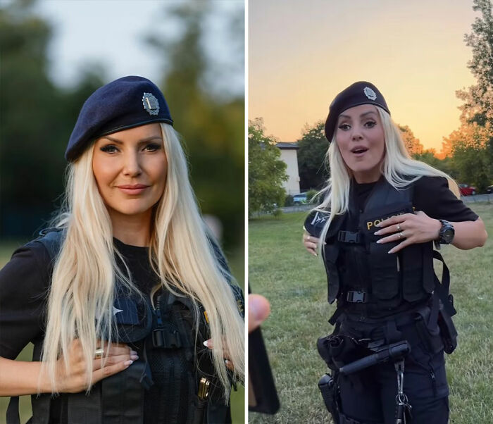Woman in police uniform and beret reacting to her own portrait captured by photographer outdoors at sunset