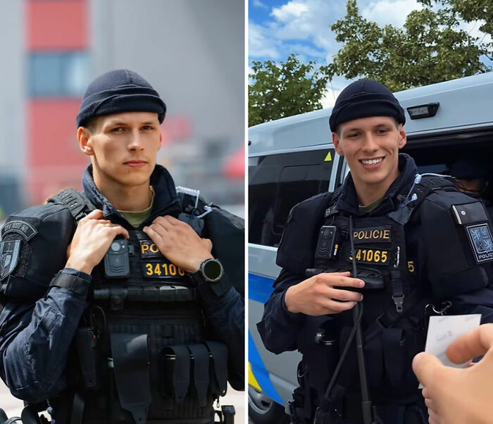 Police officer wearing tactical gear in two portraits showing honest reactions captured by photographer.