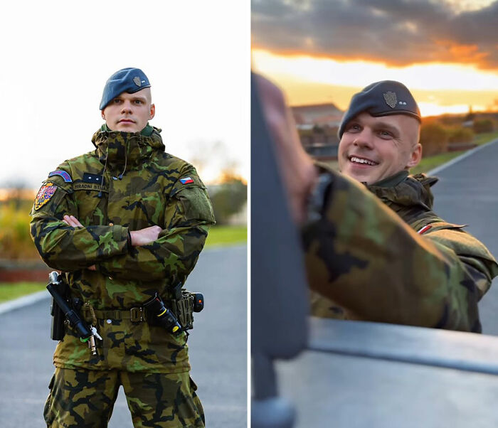 Soldier in camouflage uniform reacts with a smile looking at his own portrait captured by a photographer.