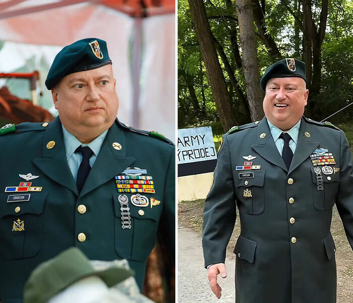 Man in military uniform showing honest reactions captured by photographer while viewing his own portrait outdoors.
