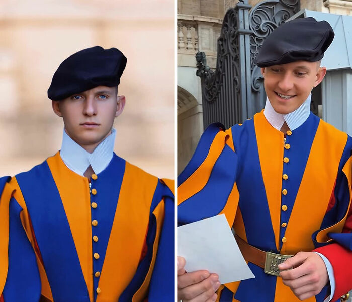 Young man in traditional colorful uniform showing honest reactions while looking at his own portrait captured by photographer
