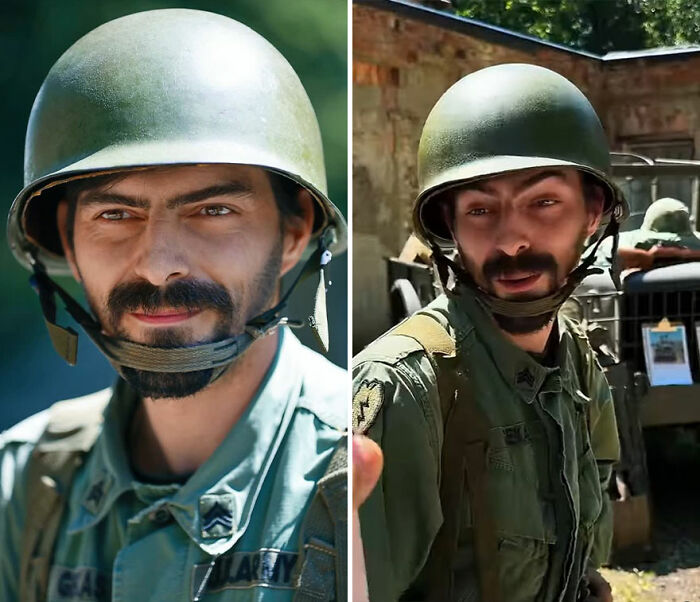 Portrait of a man in military uniform and helmet showing his honest reaction while looking at his own photograph.