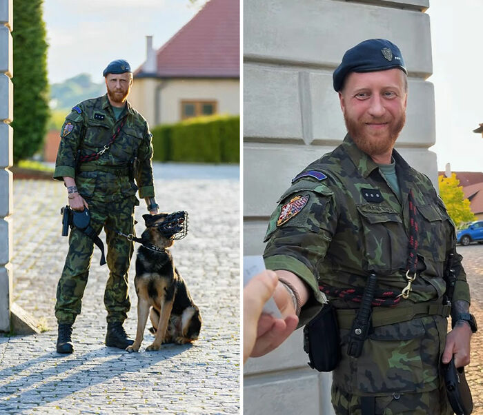 Soldier with military dog in camouflage uniform and beret, captured in a candid portrait showing his authentic reaction.