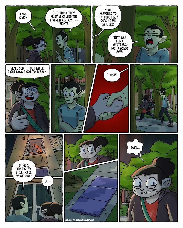 Two friends navigating a chaotic situation outside a burning building, capturing the chaos of sharing a home with friends.