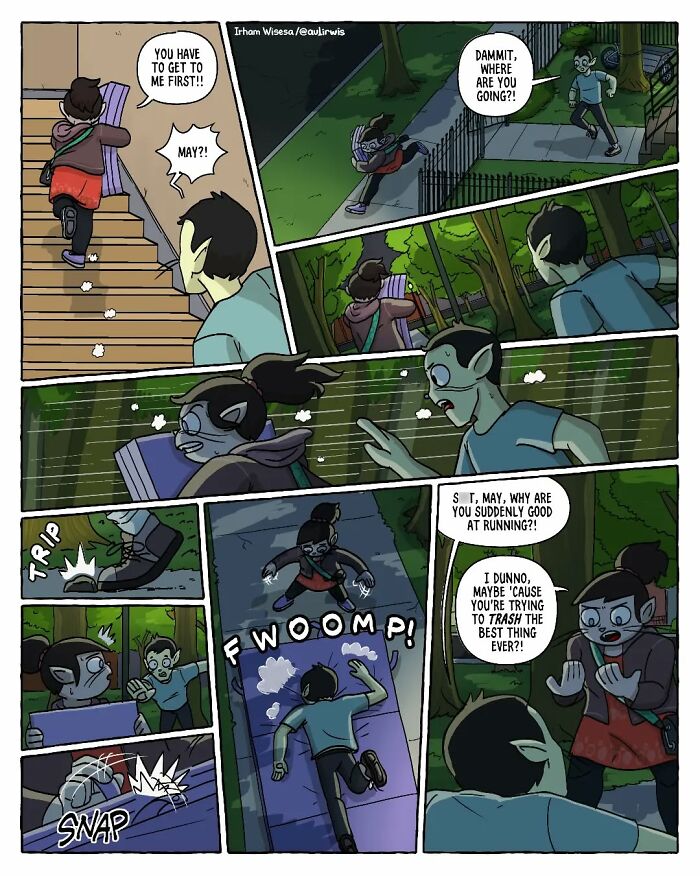 Comic panels depicting chaotic scenes of two friends running and chasing each other, illustrating the chaos of sharing a home with friends.