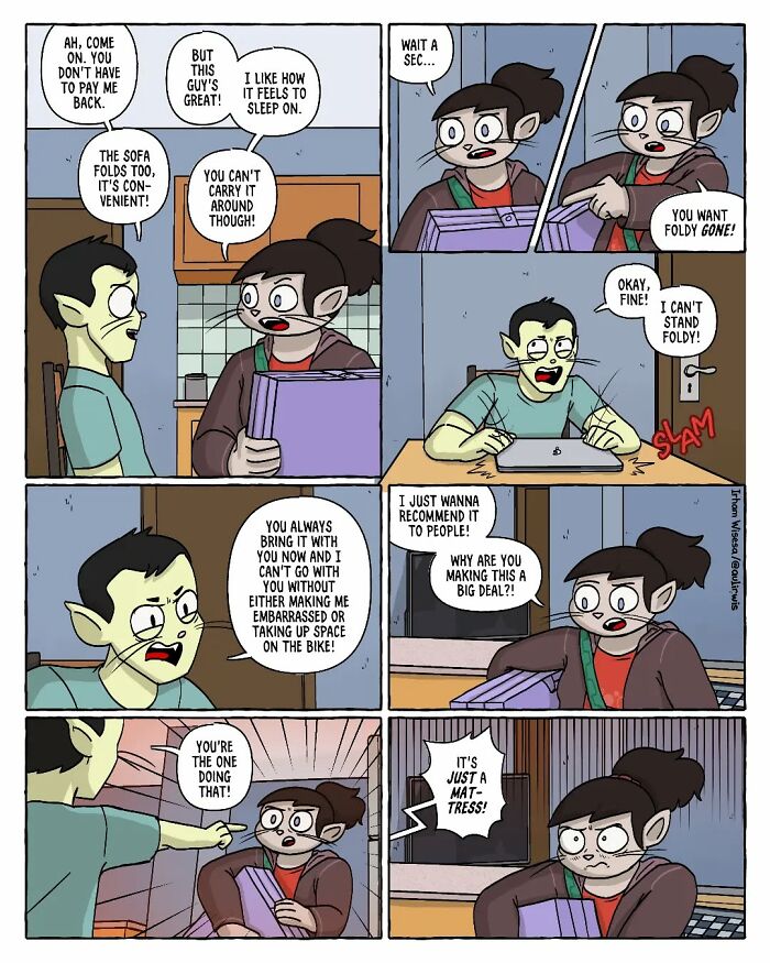 Comic panels depicting the chaos of sharing a home with friends, focusing on a mattress dispute between two roommates.