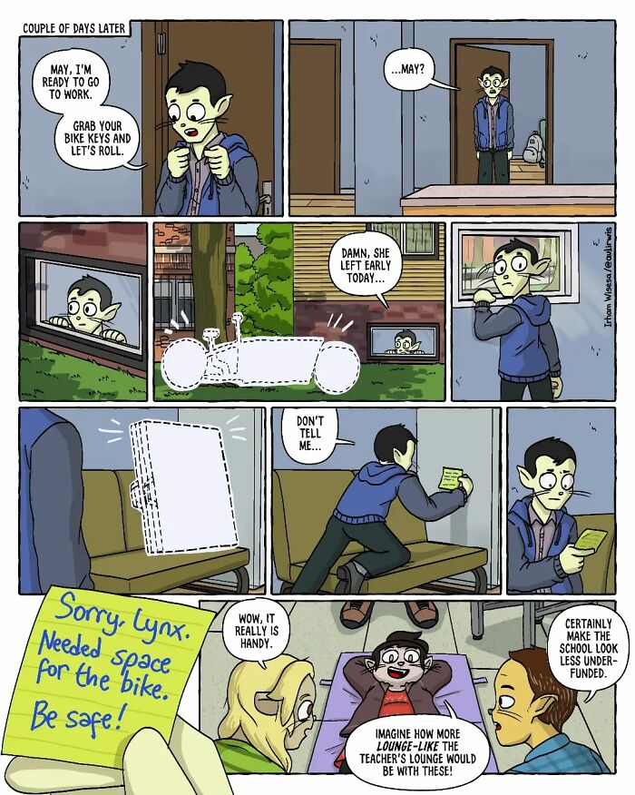 Comic showing the chaos of sharing a home with friends as a character finds their bike missing and a note explaining the mess.