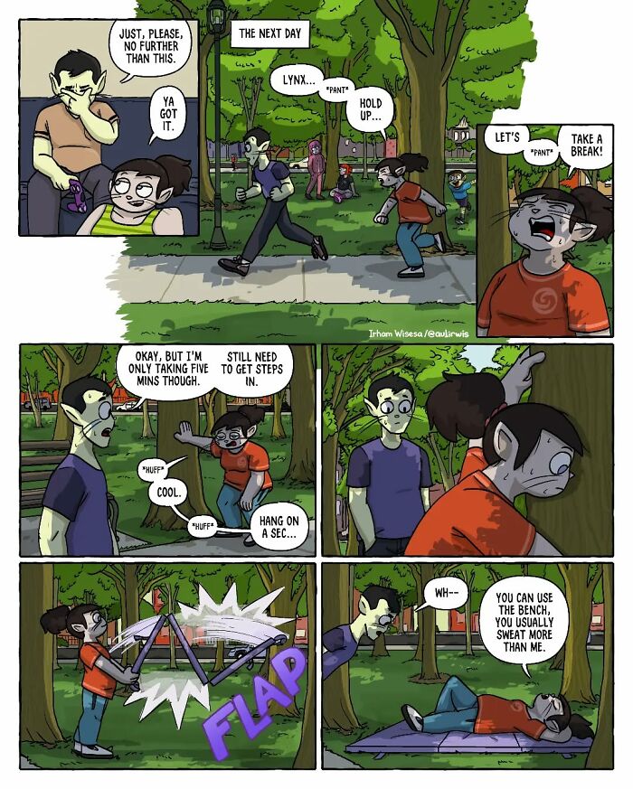Comic-style artwork showing friends running and exercising in a park, capturing the chaos of sharing a home with friends.