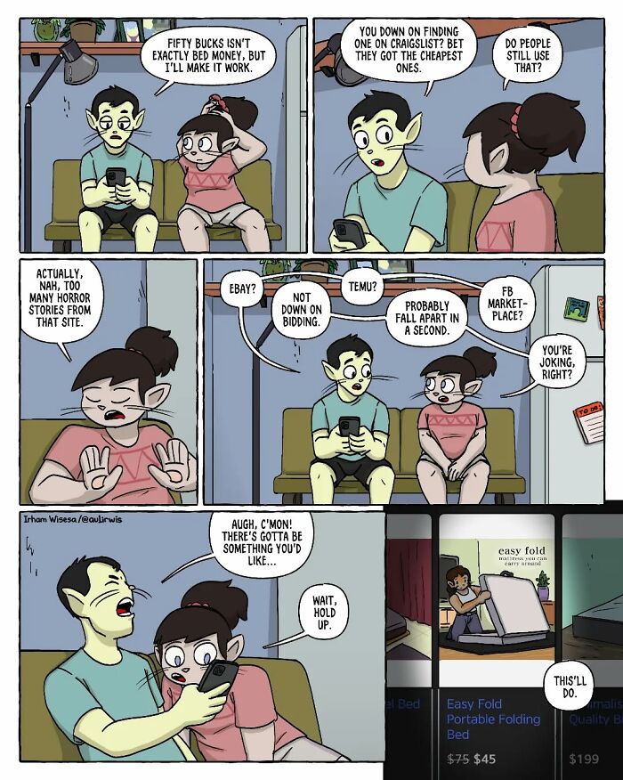 Two friends discussing chaotic home sharing while searching online for affordable furniture in a comic-style illustration.