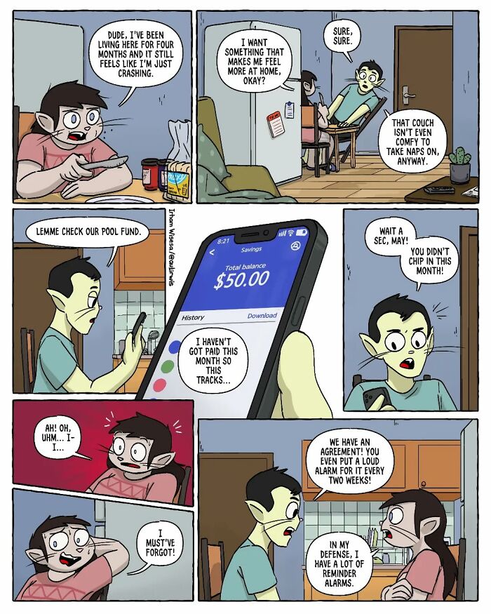 Comic panels showing the chaos of sharing a home with friends, including money issues and constant reminders.