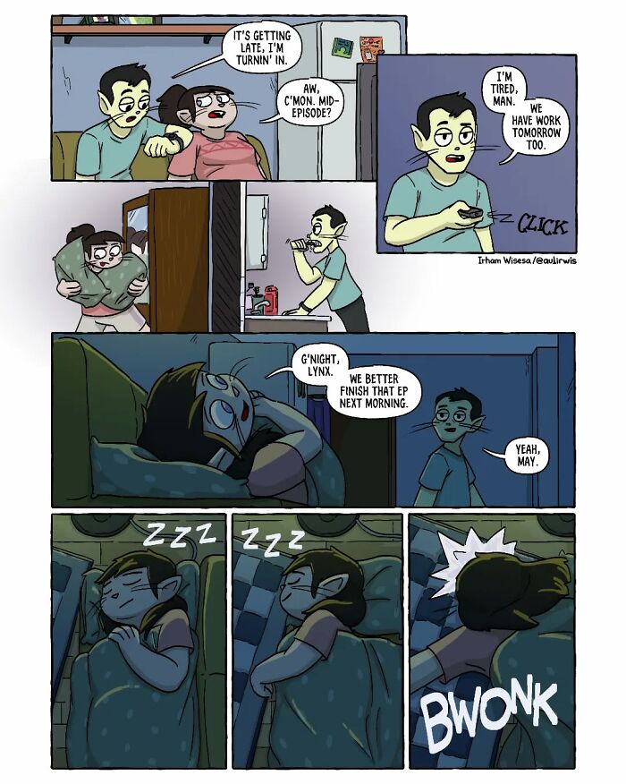 Illustration capturing the chaos of sharing a home with friends, showing bedtime struggles, TV, and sleeping arrangements.