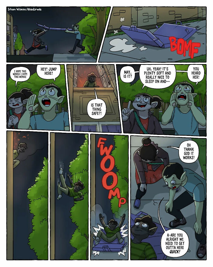 Cartoon showing chaotic moments of friends sharing a home, including risky stunts and humorous mishaps at night.