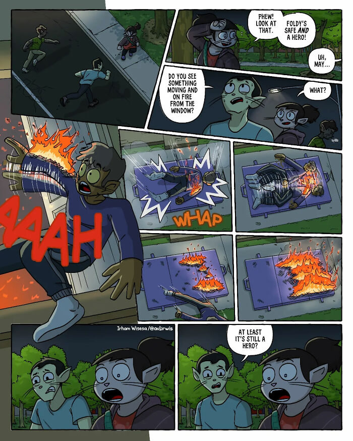 Comic panels showing chaotic scenes of a character catching fire and friends reacting, capturing the chaos of sharing a home.