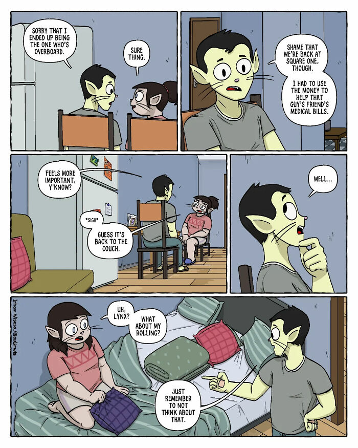 Comic scene showing characters in a chaotic shared home discussing medical bills, couch space, and household tensions with friends.