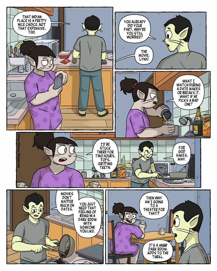 Two friends share a chaotic home kitchen, discussing dates and movies while cooking and pouring drinks.