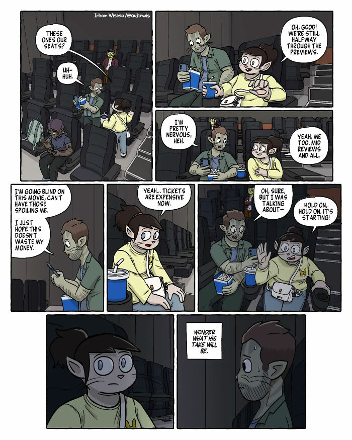 Comic panels showing friends in a movie theater illustrating the chaos of sharing a home through candid conversations and distractions.