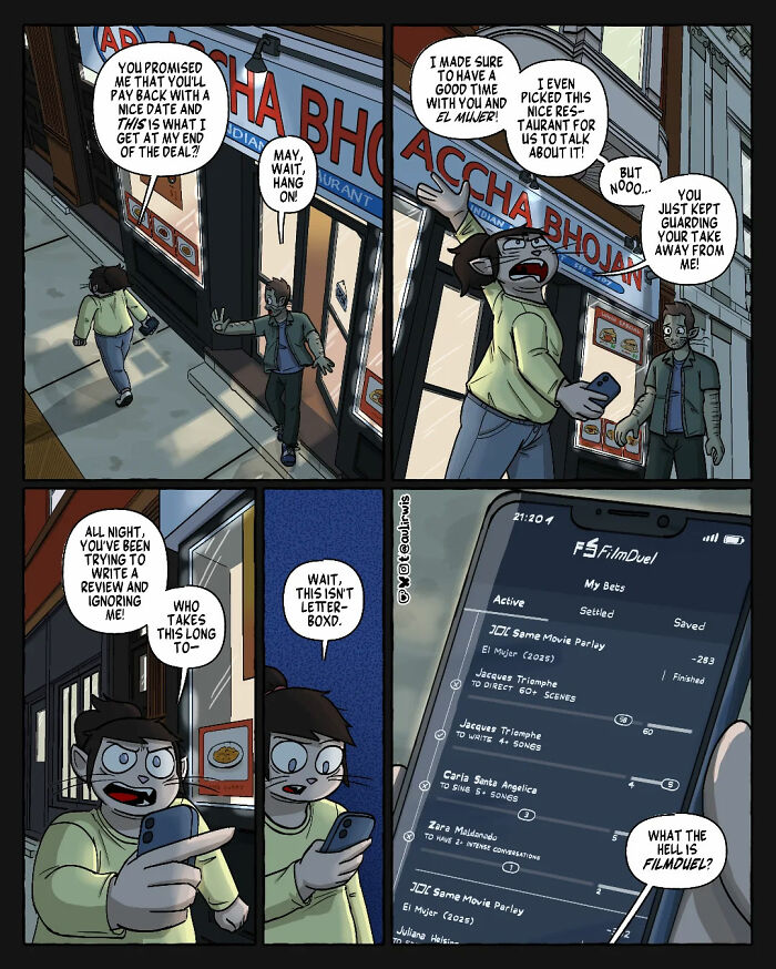 Comic panels showing a chaotic argument between friends at a restaurant and one checking bets on a phone, capturing home-sharing chaos.