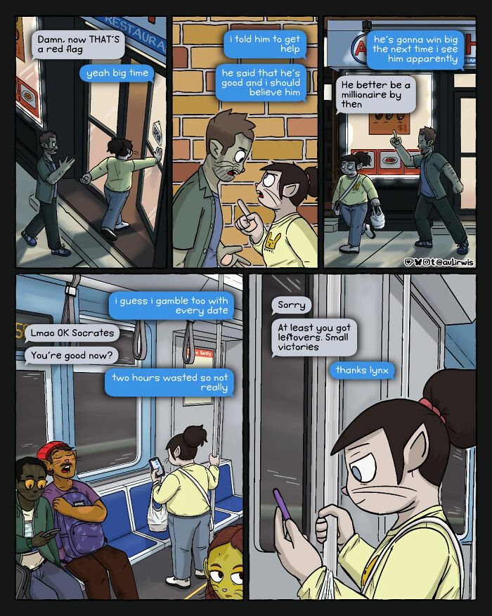 Comic panels showing characters in chaotic conversations and daily life scenes, capturing the chaos of sharing a home with friends.