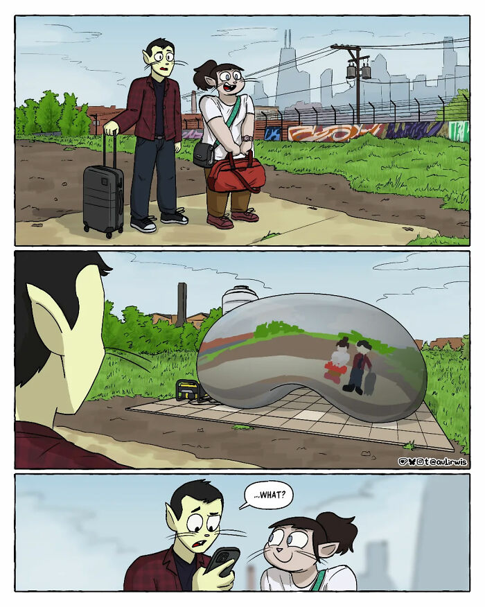 Two friends with luggage stand near a reflective sculpture, capturing the chaos of sharing a home with friends in a comic style.